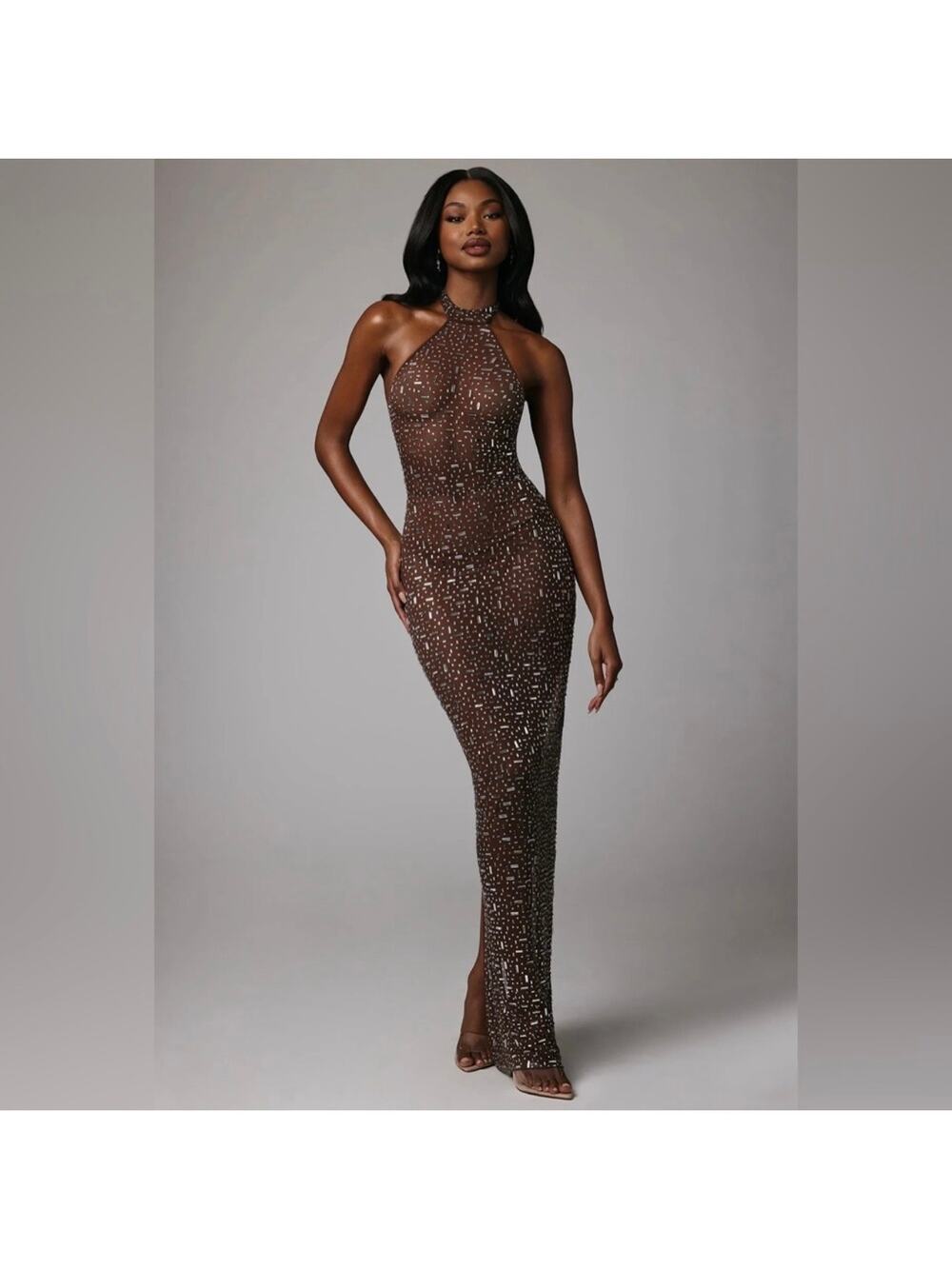 Oh Polly Soraya Sheer Embellished High Neck Evening Gown Maxi Dress Chocolate 6